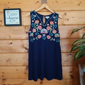 Umgee Navy Blue Floral Embroidered Boho Mini Sleeveless Babydoll Dress Size Med